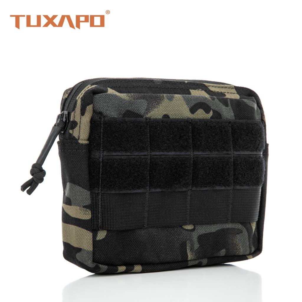 Tuxapo TPA408 tactical small MOLLE EDC pouch in black camouflage, rugged and versatile